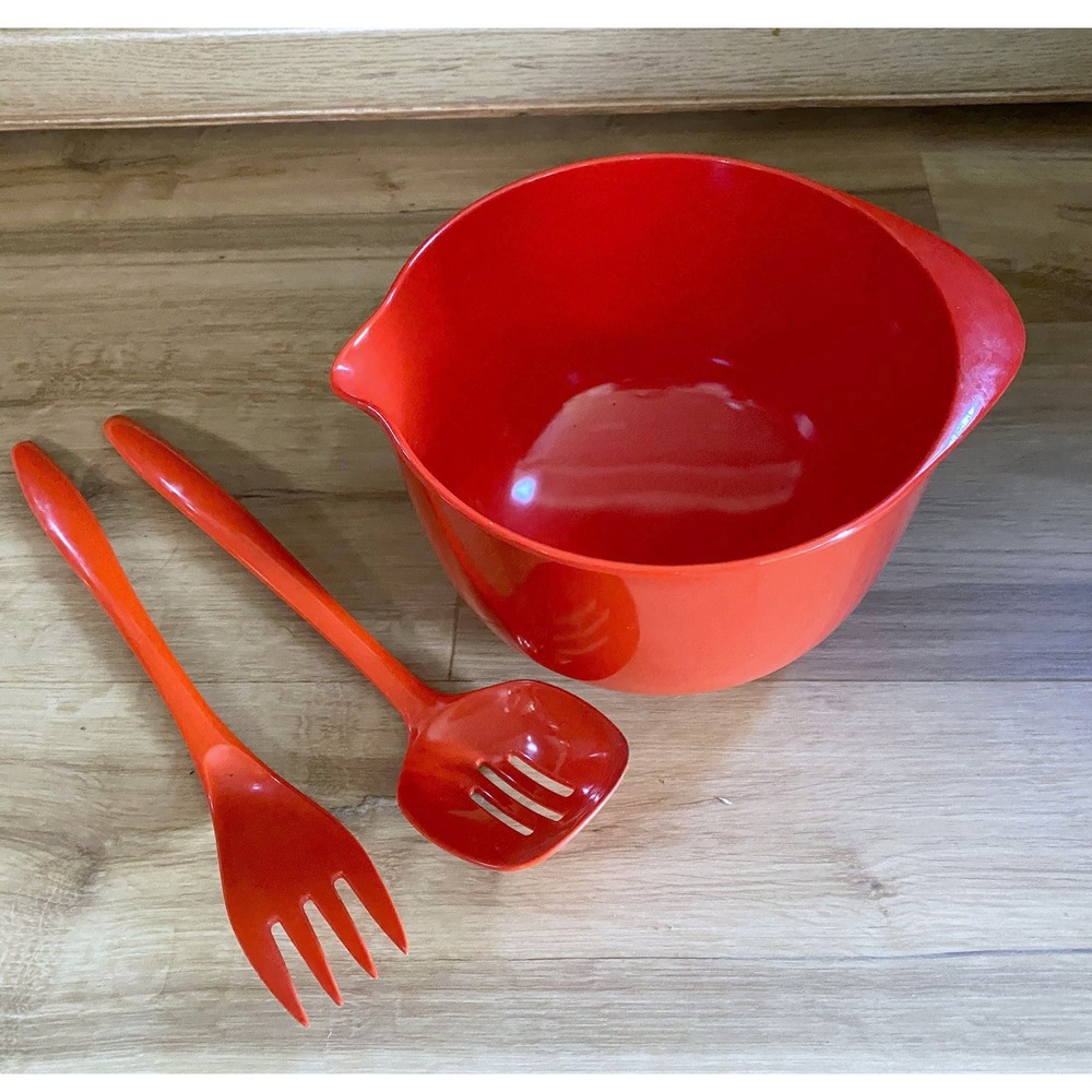 Vintage Red Rose Orange Salad Serving Bowl Fork Spoon Set Retro